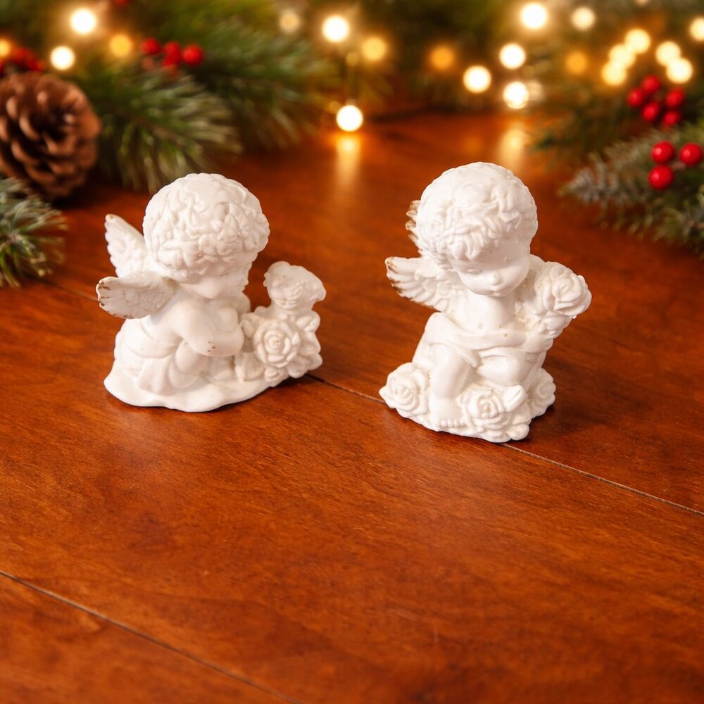 Vintage White Porcelain Cherub Figurines Set of 2 Angel Statues